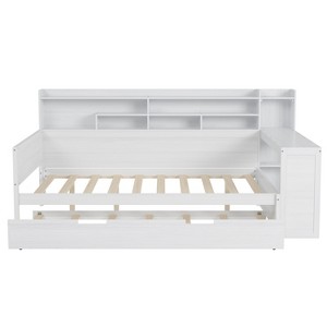 Bellemave Wooden Full Size Daybed with Storage Shelves, Multi-functional Bed with Twin Size Trundle Bed and Study Desk, Antique White - 1 of 3