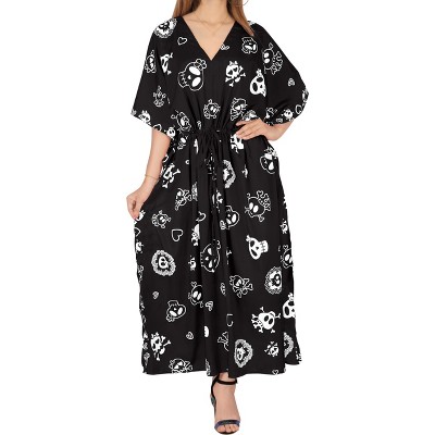 LA LEELA Women's Pirates Beach Slit Dress Cover Up Long Caftan Plus Size Kaftan Maxi Dresses for Women 2X-3X Cartoon Skull Vintage Black