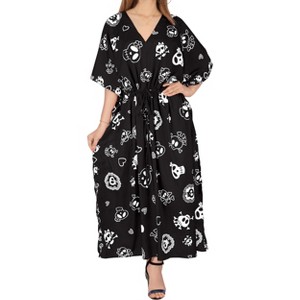 LA LEELA Women's Pirates Beach Slit Dress Cover Up Long Caftan Plus Size Kaftan Maxi Dresses for Women 2X-3X Cartoon Skull Vintage Black - 1 of 4