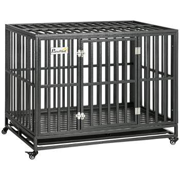 PawHut Heavy Duty Dog Cage Metal Kennel and Crate Dog Playpen with Lockable Wheels, Slide-out Tray and Anti-Pinching Floor