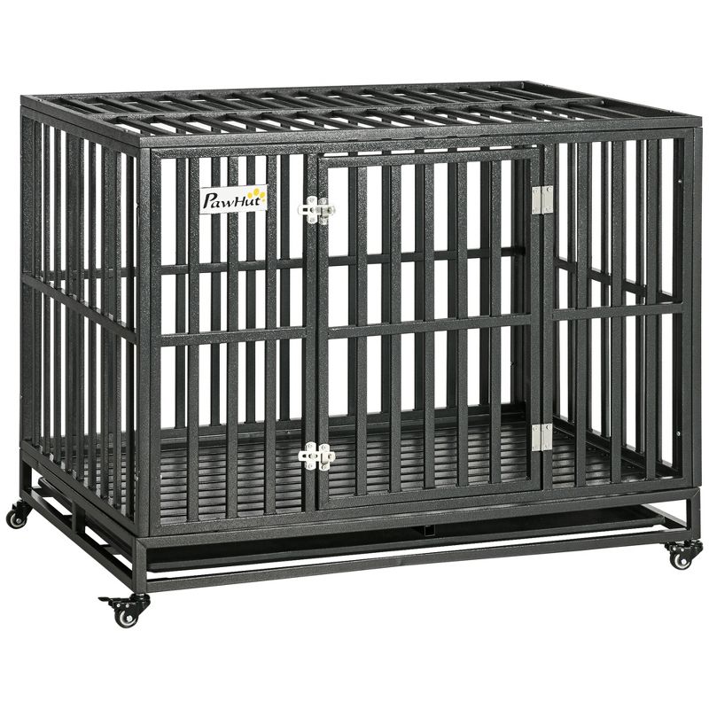PawHut Heavy Duty Dog Cage Metal Kennel and Crate Dog Playpen with Lockable Wheels, Slide-out Tray and Anti-Pinching Floor, 1 of 10