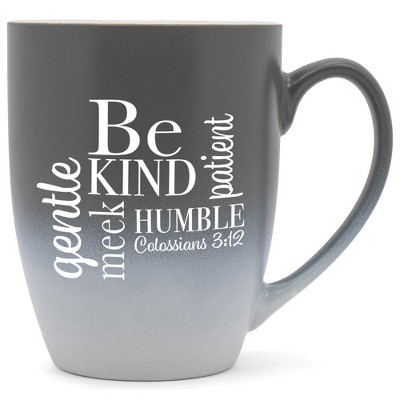 Elanze Designs Be Kind, Humble, Gentle, Meek, Patient Colossians 3:12 Two Toned Ombre Matte Grey and White 12 ounce Ceramic Stoneware Coffee Cup Mug