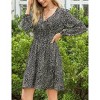 Women's Long Sleeve Smocked Mini Dress Leopard Print Waist Wrap V Neck Chiffon Casual Work Party Dress - 3 of 4