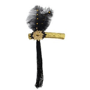 Forum Novelties Gold Sequin Adult Costume Flapper Headband With Black Feathers - 1 of 3