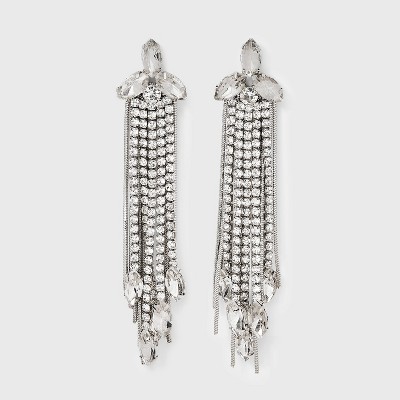 Mixed Chain and Stone Chain Earrings - Silver: Zinc Alloy Drop Earrings, Post Closure, 4" Length
