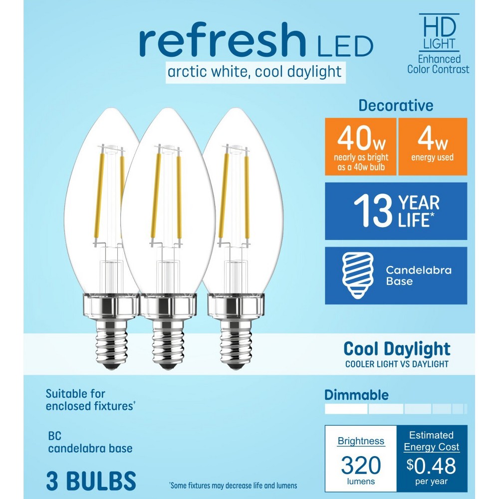 Photos - Light Bulb General Electric GE 3pk 40W Refresh LED CAC Decorative  Cool Daylight: E12 Dimmable Candelabra, 6500K, Energy Star Certified 