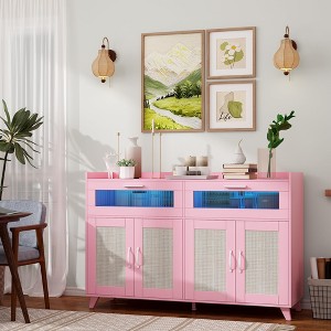 Sideboard Buffet Cabinet With Power Outlet & LED Light, Kitchen Storage Cabinet With 2 Fluted Acrylic Drawers & 4 Rattan Doors - 1 of 4
