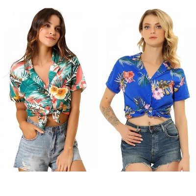 Allegra K Women's Hawaiian Floral Leaves Printed Short Sleeve Button Down Vintage Shirt 2 Pcs