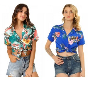 Allegra K Women's Hawaiian Floral Leaves Printed Short Sleeve Button Down Vintage Shirt 2 Pcs - 1 of 4