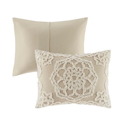 Full Beige Cotton Reversible Tufted Chenille Coverlet Set