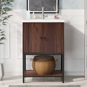 24" inch Walnut Finish Bathroom Vanity Cabinet with 2 Soft-Close Doors, Open Storage - 1 of 4