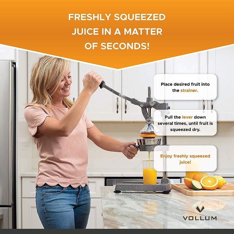 Vollum Manual Fruit Juicer - Commercial Grade, Stainless Steel and Cast Iron - Non-skid Suction Cup Base - 18.5" - Gray, 5 of 7