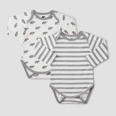 Layette by Monica + Andy Baby 2pk Striped and Elephant Print Long Sleeve Bodysuit - Gray 0-3M