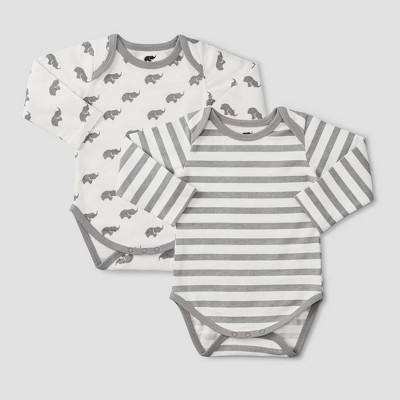 Image of Layette by Monica + Andy Baby 2pk Striped and Elephant Print Long Sleeve Bodysuit - Gray Newborn