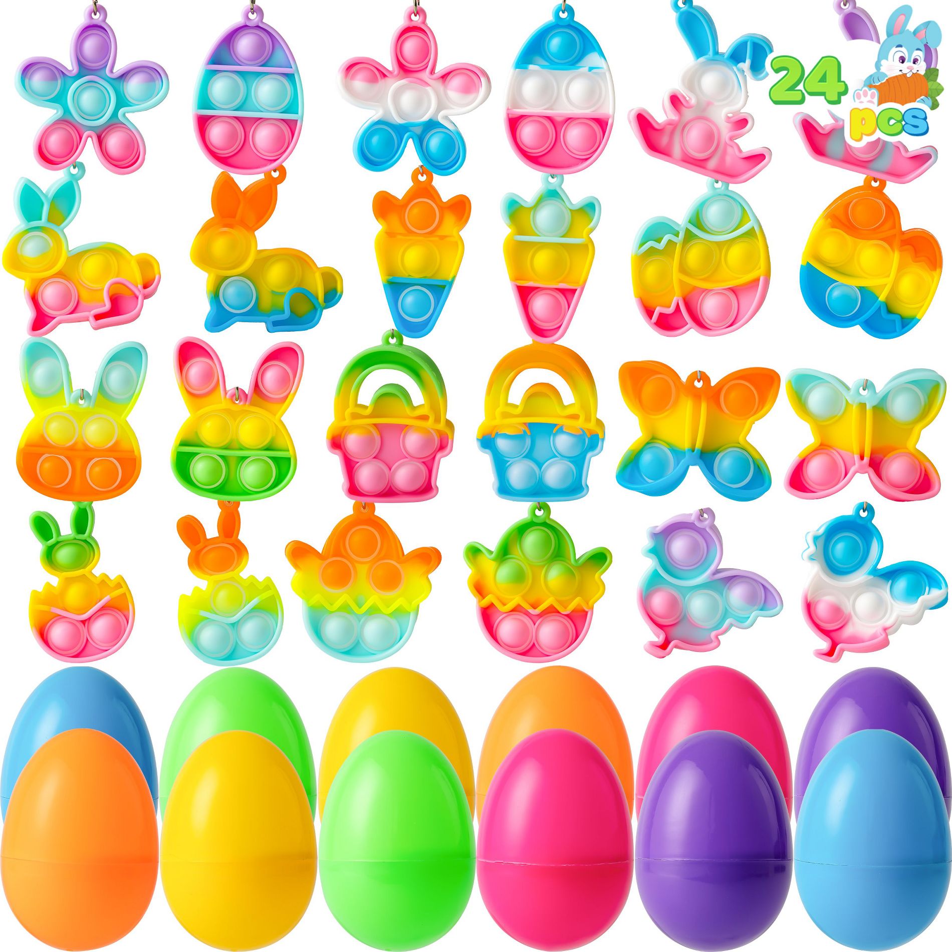 Joyfy 24 Packs Prefilled Easter Eggs With Pop Fidget Keychain Stress Relief Toys For Kids Girls Easter Egg Hunt Party Favor Classroom Exchange Gifts