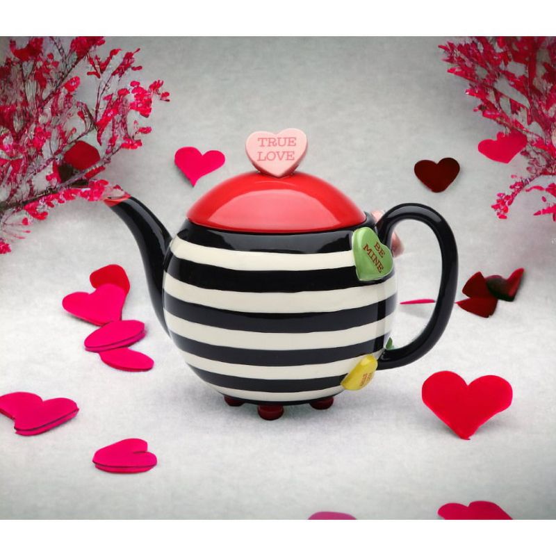 Kevins Gift Shoppe Hand Painted Ceramic Striped Teapot with Hearts, 3 of 4