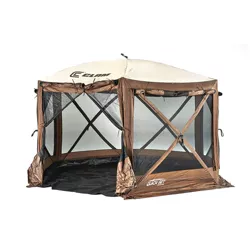 CLAM Quick-Set Pavilion Camper 12.5 x 12.5 Foot Portable Pop-Up Camping Outdoor Gazebo Screen Tent 6 Sided Canopy Shelter w/ Stakes & Bag, Brown