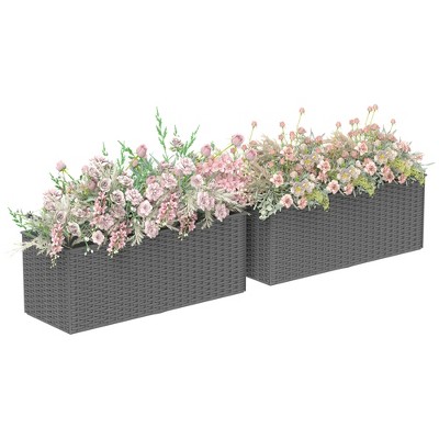 Outsunny Railing Planter Box (2 Pack, 20 Inch), Hanging Flower Pots with Hooks, Drainage Holes for Fence, Balcony, Garden, Patio, Rattan Look