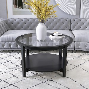 Standard Solid Wood with Glass Top Round Double-Deck Coffee Table with Storage and Easy to Clean - 1 of 4