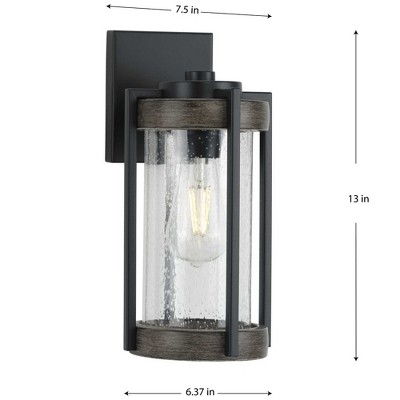 Matte Black and Wood Outdoor Wall Lantern with Seeded Glass