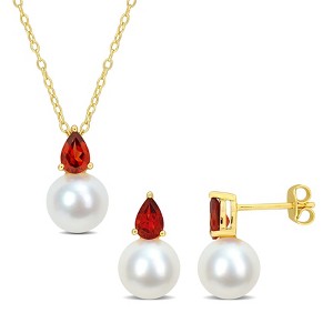 EVERLY JEWELRY | Yellow Plated Sterling Silver 8.5-9mm Cultured Freshwater Pearl and 1 1/2ct TGW Garnet Pendant with Chain and Earrings Set  -18 in - 1 of 4