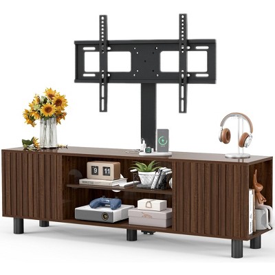 Skyzoo TV Stand with Swivel Mount & Power Outlet for 50/55/65" inches TV for Living Room,  Height Adjustable, Walnut
