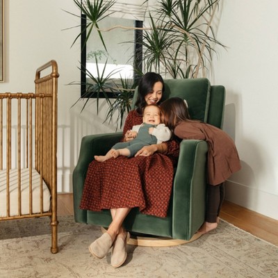 Forest Green Velvet Swivel Recliner with Light Wood Base