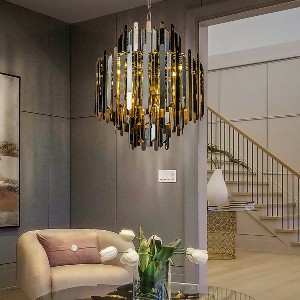 ALOADECOR 9-Light Luxury Soft Gold Stainless Steel Chandelier with Smoke Crystal Accents - 1 of 4