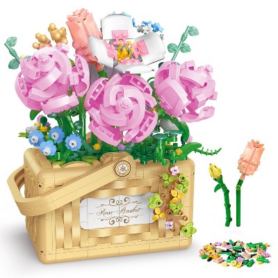 Hogokids Artificial Flower Bouquet Building Kit, 1277 PCS Bonsai Rose Flowers Basket Building Blocks Set Valentines Day Birthday Mother Day Gift