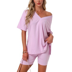 INSPIRE CHIC Women's Oversized V Neck Workout Tracksuit T-Shirts Tops with Biker Shorts Pajamas Lounge Set 2 Pcs - 1 of 4