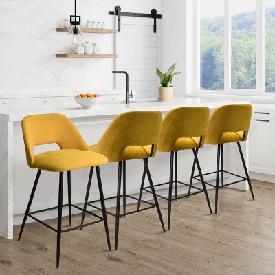 Edwin 26.5 Inches Fabric Counter Height Stools Armless Yellow Upholstered Counter Stools with Backs Set of 4 Black Metal Frames Maison Boucle