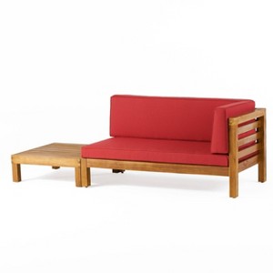 2pk Oana Outdoor Acacia Wood Right Arm Loveseat & Coffee Table Teak/Red - Christopher Knight Home: Rustic Patio Set with Plush Cushions - 1 of 4