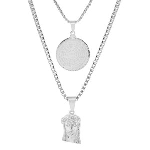 Steeltime Men's stainless steel double layered Lords prayer round and Jesus face with simulated diamonds pendants. Color Options: Silver, Gold - 1 of 4