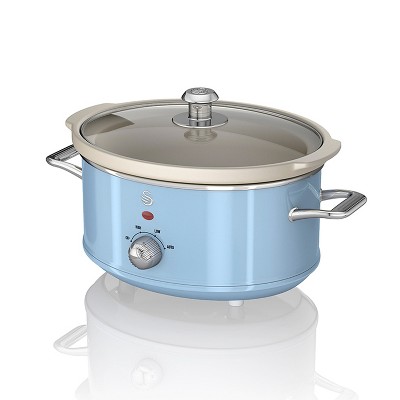 Swan 3.5 Liter 200 Watt Vintage Retro Automatic Electric Kitchen Slow Cooker Pot with High, Low, Auto, and Keep Warm Settings, Blue