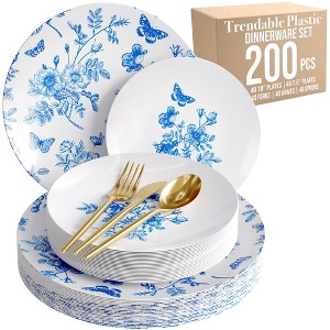 Trendables 200 Pc Botanical Dinnerware Set for 40 Guests | Blue Floral Plates & Gold Silverware | Fancy Disposable Tableware - 1 of 4