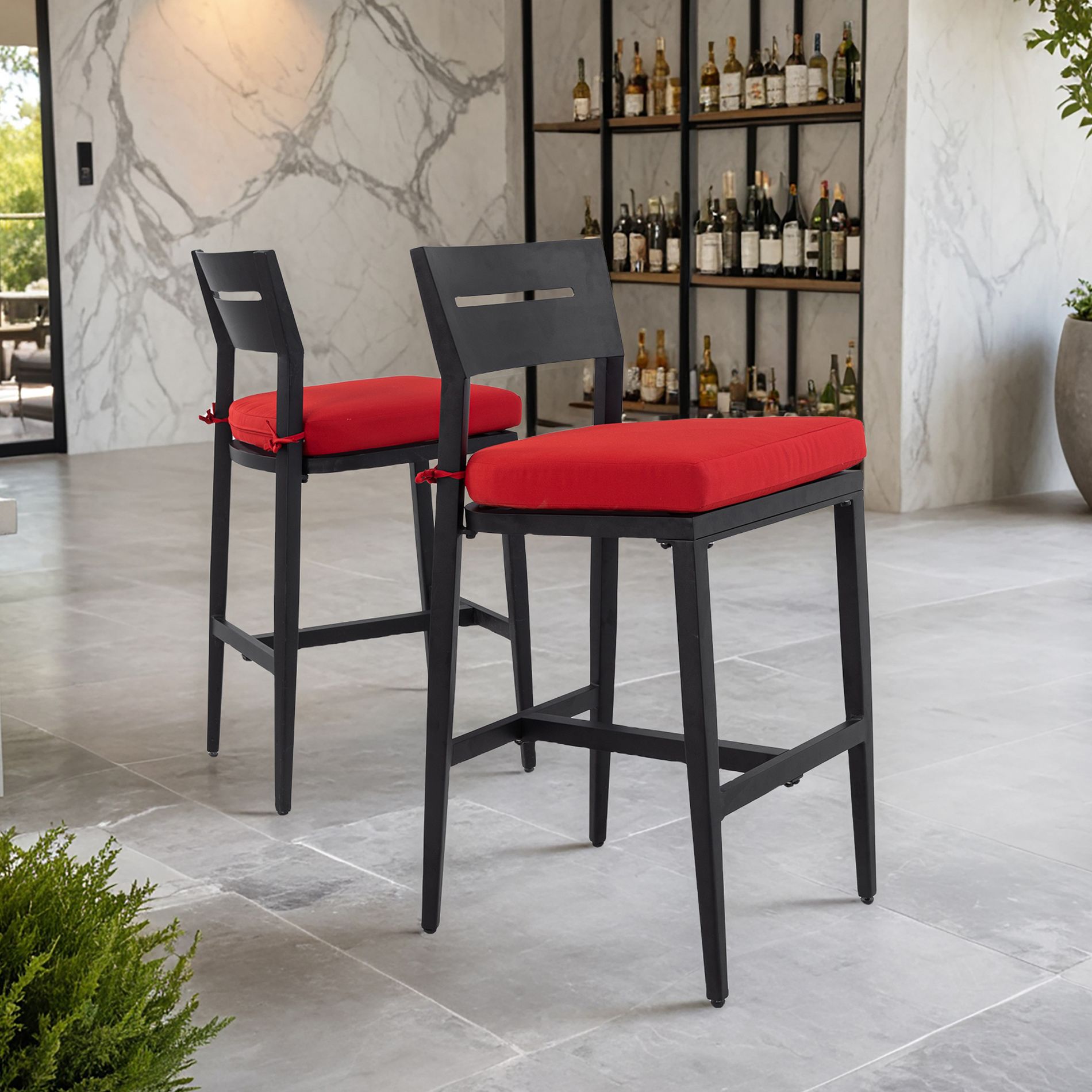 UNISOAR Modern Outdoor 2PC Bar Stools, Aluminum Patio Bar Chair with Ergonomic Backrest, Tapered Legs