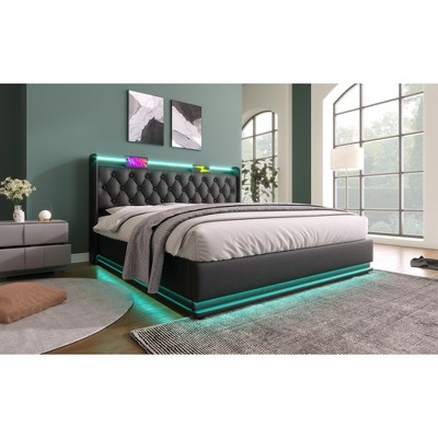 DOMETOUR Full Size Upholstered Bed, LED Lights, Remote/App Control, Hydraulic Storage, USB-C Charging, Black PU (No Mattress)