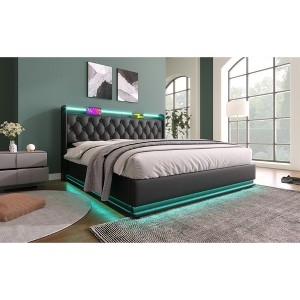DOMETOUR Full Size Upholstered Bed, LED Lights, Remote/App Control, Hydraulic Storage, USB-C Charging, Black PU (No Mattress) - 1 of 4