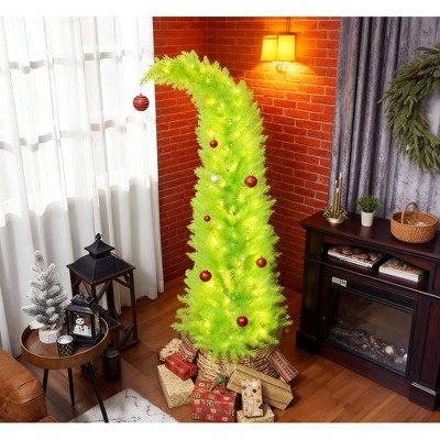 Artificial Christmas Tree with Red Ball – Pre-Lit 230 LED Warm White Lights, Whimsical Pencil, Slim Metal Base Holiday Décor, 6 FT