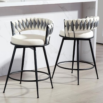 DYHOME Swivel Bar Stools Set of 2, 24" Counter Height Kitchen Stools with Back, Suede & Woven Backrest, 360° Roating Metal Frame Barstools
