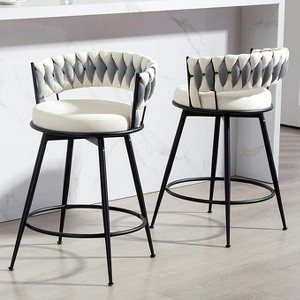 DYHOME Swivel Bar Stools Set of 2, 24" Counter Height Kitchen Stools with Back, Suede & Woven Backrest, 360° Roating Metal Frame Barstools - 1 of 4