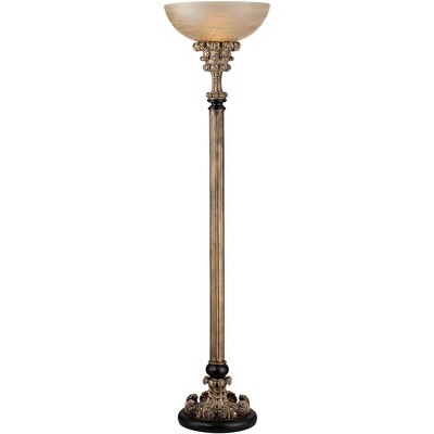 Barnes and Ivy Traditional Torchiere 72" Tall Antique Gold Column Amber Glass Shade Foot Dimmer for Living Room Bedroom Office Uplight
