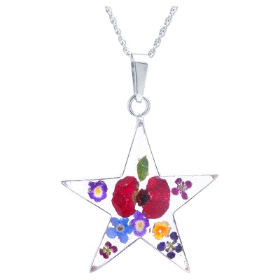 Women's Sterling Silver Pressed Flowers Star Pendant Necklace (18")
