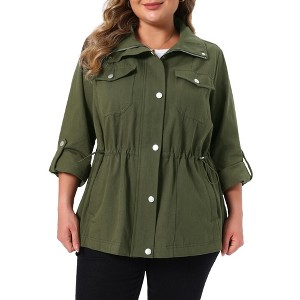Women's Plus Size Drawstring Waist Collar Zip Snap Front Casual