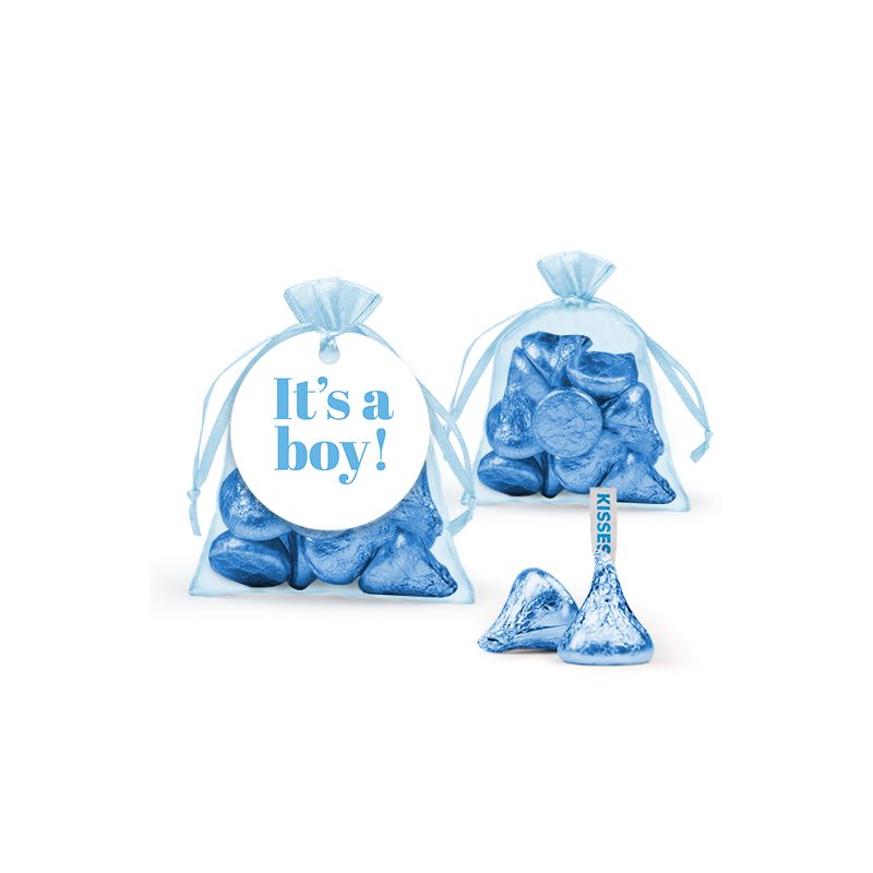 12ct It's a Boy Candy Baby Shower Party Favors Organza Bags with Milk Chocolate Kisses (12 Pack), 1 of 2