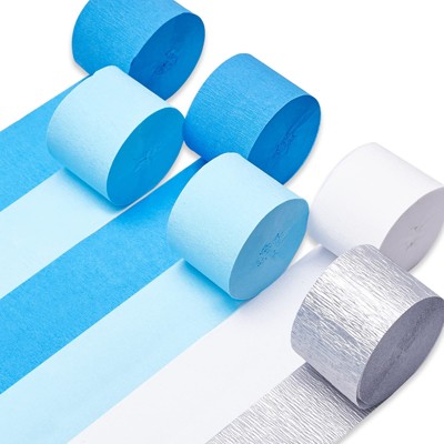 PartyWoo Crepe Paper Streamers White Silver Royal Blue Light Blue 6 Rolls 492 ft 1.8 Inch x 82 Ft Roll