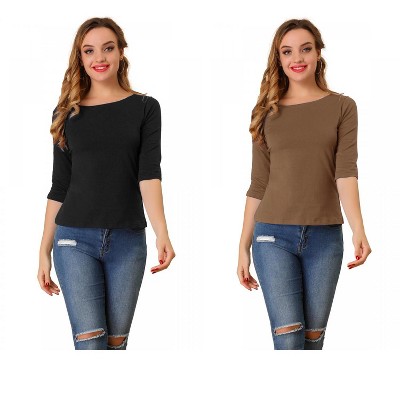 Allegra K Women's Classic Solid Elbow Sleeves Round Neck Slim Fit T-Shirts 2 Packs