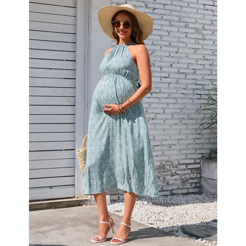 Women Maternity Halter Neck Summer Dress Casual Boho Sleeveless Ruched Back Strap Flowy Maxi Dress Baby Shower Photoshoot, 4 of 8