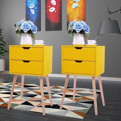 Resenkos Night Stand Set of 2, Bedside Table, Side Table with 2 Drawers, Wood Leg Storage Cabinet, Nightstand Organizer for Bedroom, Yellow