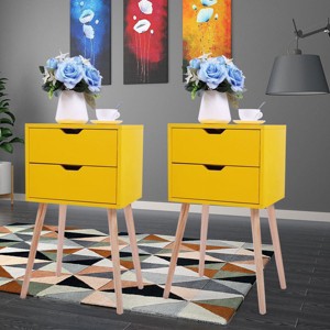 Resenkos Night Stand Set of 2, End Table with 2 Bin Drawer, Wood Side Table for Bedroom, Living Room Yellow - 1 of 4